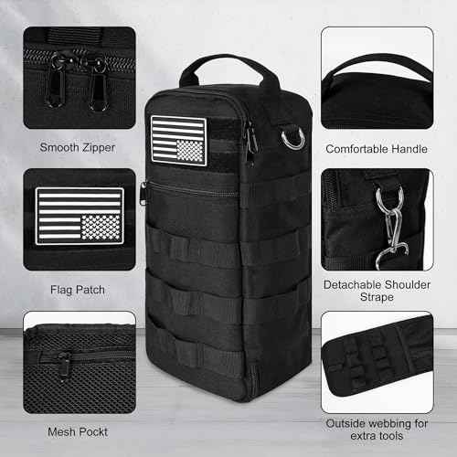 Portable Small Tool Bag, Heavy Duty Tool Pouch Bag with Shoulder Strap and D-ring Clip, Durable Waterproof Multiple Pockets Tool Hand Bag for Electricians, Carpenters, HVAC Technicians (Black)