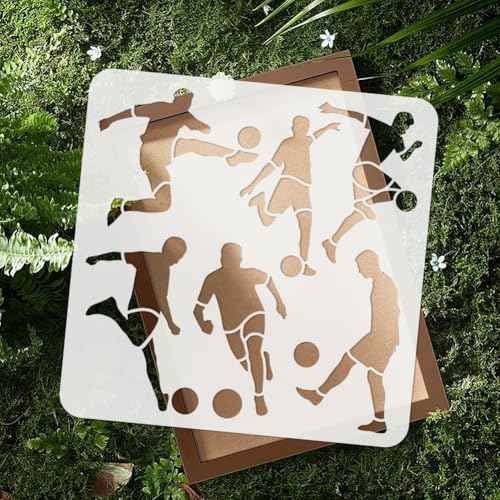 2Pcs Play Football Stencils for Painting, Reusable Plastic Soccer Player Stencil Drawing Templates, Sport DIY Craft Paint Templates for Wall Home Decor Wood Burning Canvas Card Journal Paper