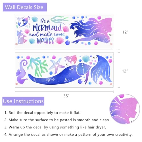 Yovkky Be a Mermaid Gradient Wall Decals Stickers, Under The Sea Ocean Creatures Starfish Seahorse Baby Nursery Decor, Beach Coastal Coral Conch Fish Bubble Home Decorations Girls Bedroom Playroom Art