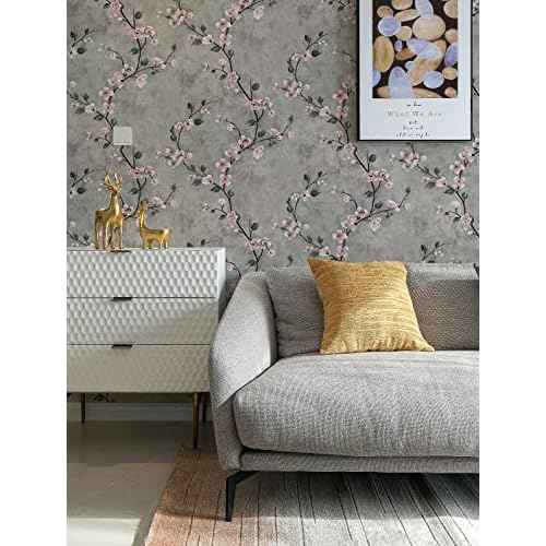 Floral Peel and Stick Wallpaper Grey Contact Paper Flower Waterproof Modern Wall Paper Decorative Removable Self Adhesive Wallpaper for Bedroom 17.7" x 118.1"