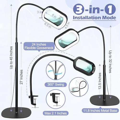 Drdefi 10X Rectangular Magnifying Glass with Light and Stand, 24" Flexible Gooseneck Floor Lamp, 5 Color Modes Stepless Dimmable, 3-in-1 LED Lighted Magnifier Light Hands Free for Reading Craft Sewing