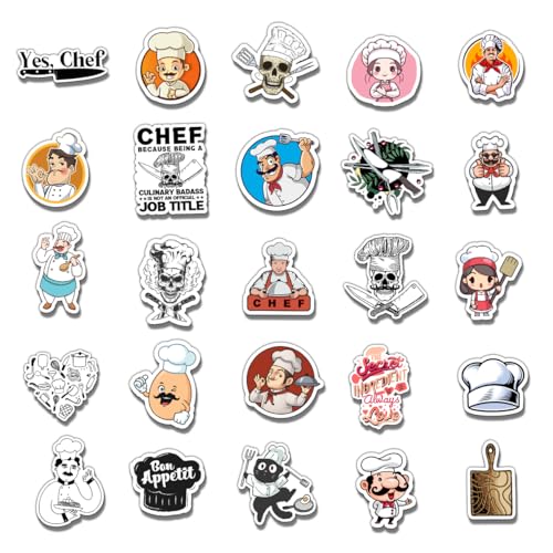 50 Pack Pcs Chef Stickers for Water Bottles Waterproof Vinyl Laptop Luggage Scrapbooking Funny Cooking Themed Sticker Packs Bulk Set Teens Adults Girls Kids Aesthetic Small Decals