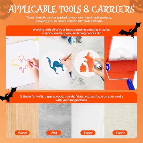 48 Pieces Halloween Stencils for Painting, 6 Inch Reusable Plastic Halloween Pumpkin Painting Stencils Ghost Bat Witch Spider Pumpkin for Crafts Pumpkin Carving Wood DIY Wall Art Halloween Decoration
