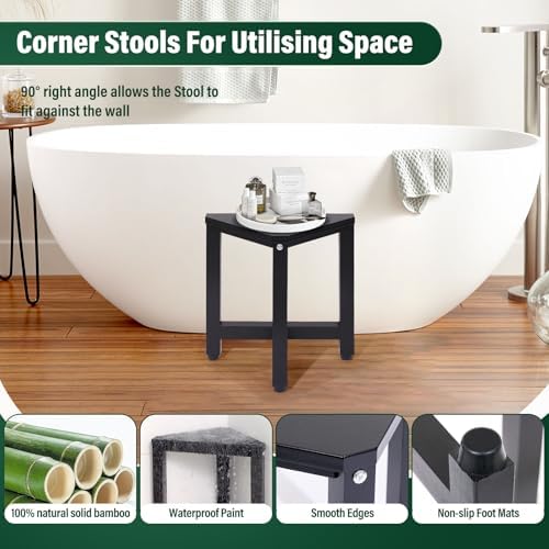 TYYIHUA Shower Foot Stool for Shaving Legs 13.2", Bamboo Shower Stool for Inside Shower, Corner Shower Foot Rest for Small Spaces, Waterproof Small Shower Bench for Bathroom, Black