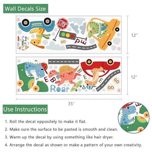 Yovkky Dinosaur Car Beep Wall Decals Stickers, Dino Roar Vehicle Transportation Toddlers Baby Nursery Decor, Traffic Sign Home Decorations Boys Kids Bedroom Playroom Art