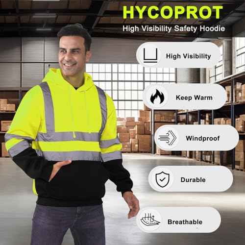 HYCOPROT High Visibility Sweatshirt ANSI Class 3 Reflective Safety Hoodie Hi Vis Hooded Pullover with Black Bottom¡¦