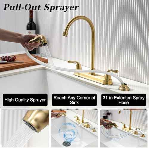 Gold Kitchen Faucet with Side Sprayer - 2 Handles 8 Inches Centerset Sink Faucets 3 or 4 Hole RV Kitchen Sink Faucet Commercial Lead-Free Utility Faucet with High Pressure Sprayer & Water Hose