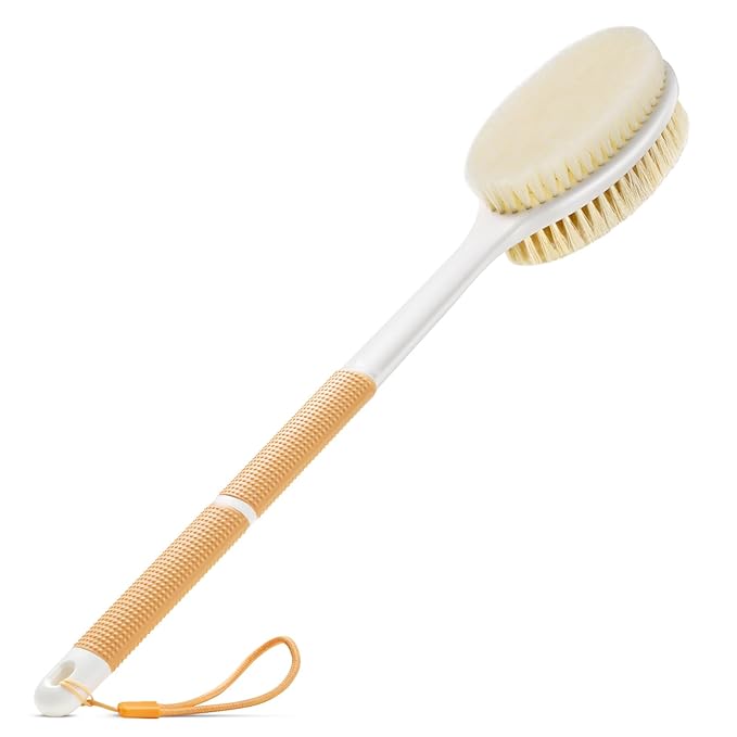 Backski Body Scrubber Anti Slip for Shower, Shower Brush Long Handle with Stiff and Soft Bristles, Body Wash Exfoliating Back Scrubber for Bath or Dry Brushing Body Brush(Orange)