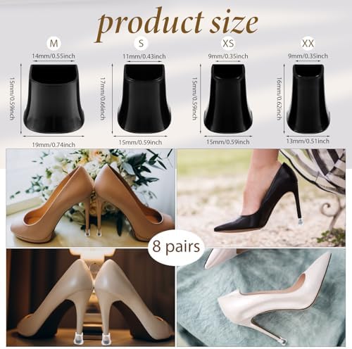 cobee 8 Pairs Heel Caps for High Heels, 4 Sizes Heel Stoppers Heel Protectors Anti-Slip Noise Reducing, Heel Replacement Tips Black and Transparent for Women Wedding, Grass, Wetlands Outdoor Events