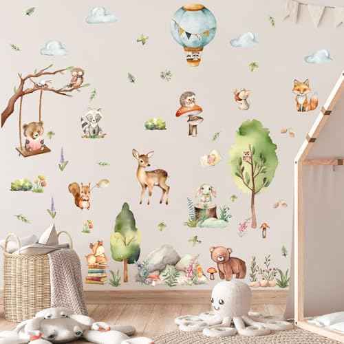 Woodland Animal Wall Stickers Jungle Forest Animal Wall Decals Cartoon Animals Wall Decals Peel and Stick Cute Balloon Cloud Tree Animals Wall Stickers for Nursery Kids Room Playroom Decor