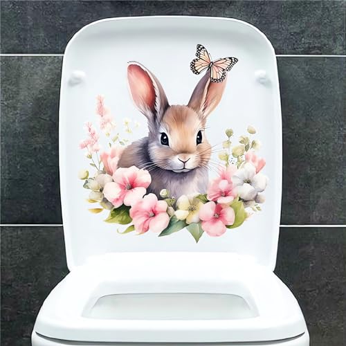 4 Sheets Cute Bunny Flower Butterfly Toilet Stickers, sacinora Rabbit Toilet Lid Decals Removable Vinyl Peel and Stick Wall Stickers for Bathroom Restroom WC Bathtubs Door Furniture Home Decorations