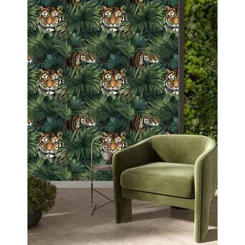 HAOKHOME Tropical Peel and Stick Wallpaper Jungle Tiger Leaf Plam Animal Removable Stick on Contact Paper for Home Decor Green/Brown 17.3in x 9.8ft