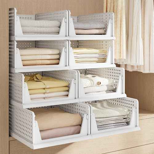 Pinkpum 8 Pack Closet Organizers and Storage Plastic Stackable Storage Bins, Foldable Drawer Shelf Storage Container for Wardrobe Kitchen Bathroom Dorm White