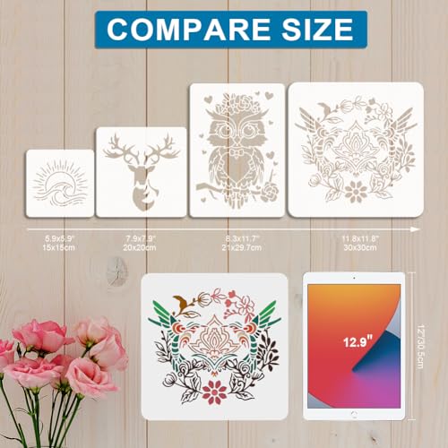 MAYJOYDIY 4pcs Dog Cat Stencil 11.8¡¿11.8inch Pet Theme Plastic Decoration Template with Paint Brush Golden Retriever Dachshund Dog Bones Paw Print Template for Wood Fabric Wall Window DIY Craft