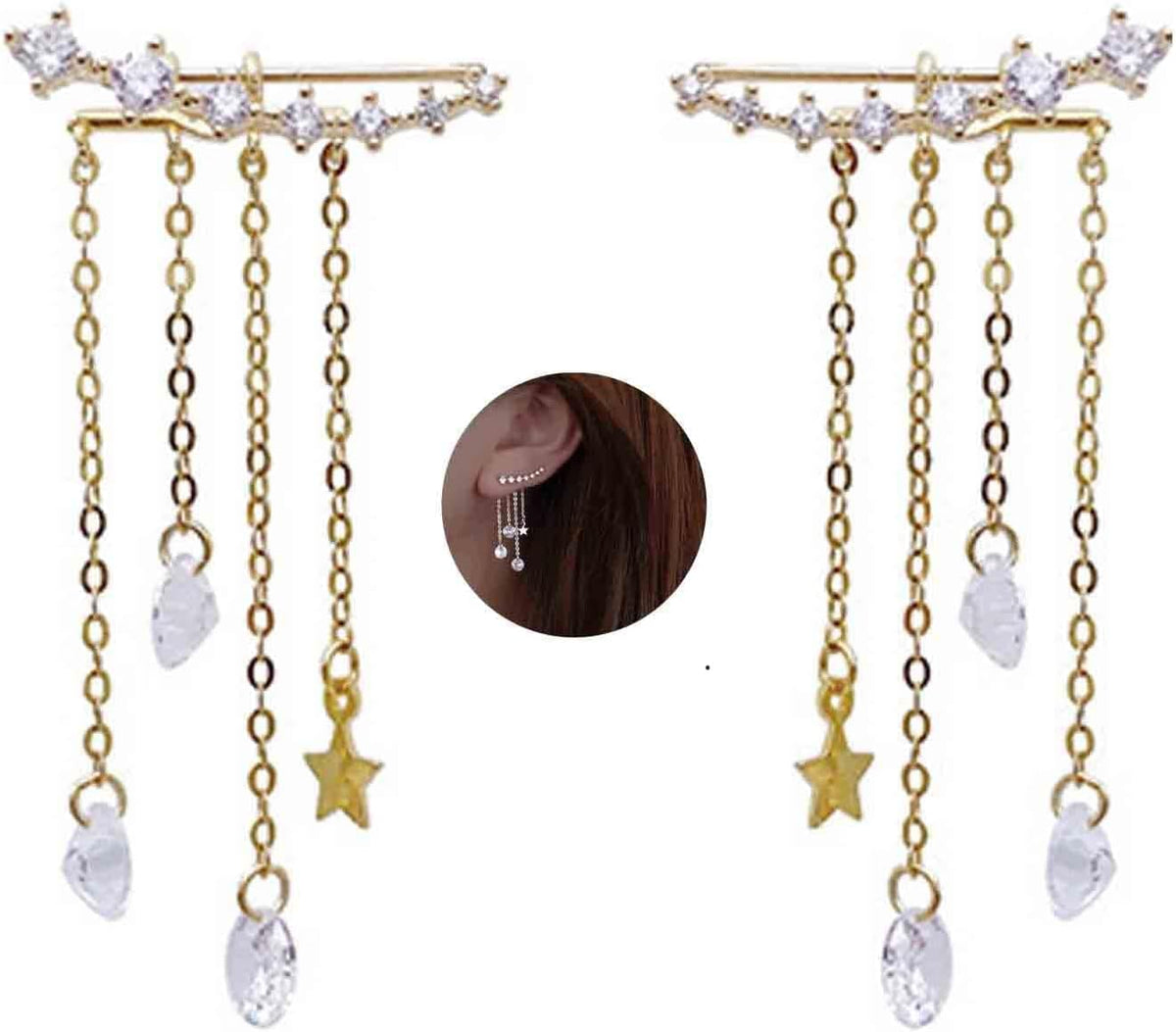 Boho Star Ear Jacket Earrings Gold Cz Star Ear Climber Earrings Crystal Chain Tassel Earrings Crystal Ear Crawler Long Chain Earrings Jewelry for Women and Girls Gifts