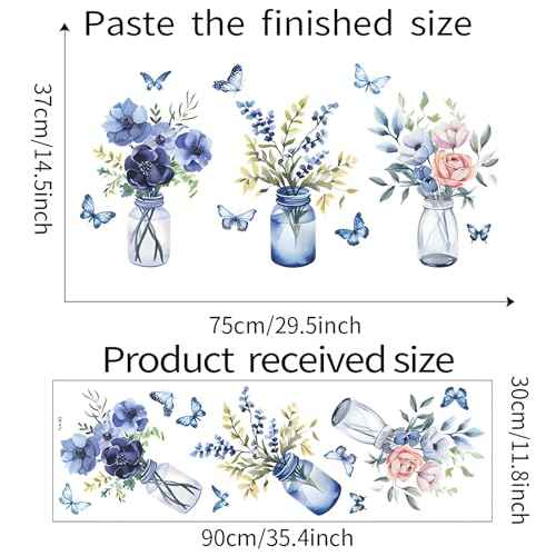 Blue Flower Vase Butterfly Wall Stickers, sacinora Floral Art DIY Wall Decals Removable Vinyl Peel and Stick for Living Room Bedroom Study Room Nursery Decorations