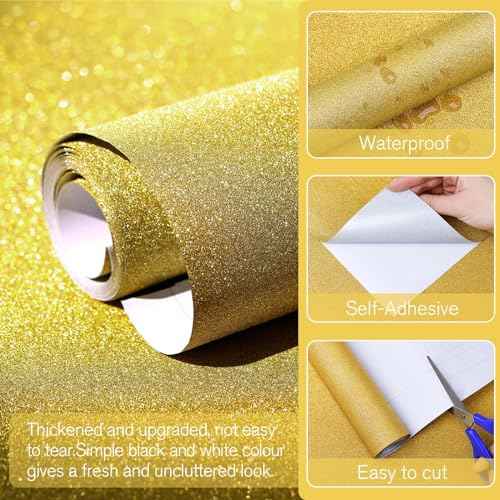 Glitter Gold Contact Paper 17.3"¡¿120" Self Adhesive Sparkly Gold Peel and Stick Wallpaper Bling Flash Wallpaper for Cabinet DIY Decoration