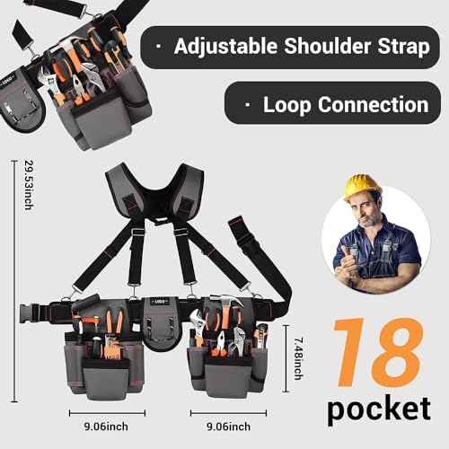 Professional Tool Belt for Men,Tool Belts with Suspenders,Magnetic Tool Pouch, Adjustable Utility Belt Tools Organizer, Heavy Duty Construction Work Bags Tool Pouch for Electrician, Carpenter