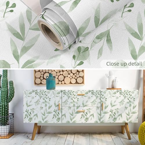 Green Leaf Wallpaper,Vinyl Green and White Floral Peel and Stick Wallpaper Thicken Farhouse Neutral Wall Paper for Table Shelf Drawer Counter Top Cabinet Liner 17.7 x 118.1 inches