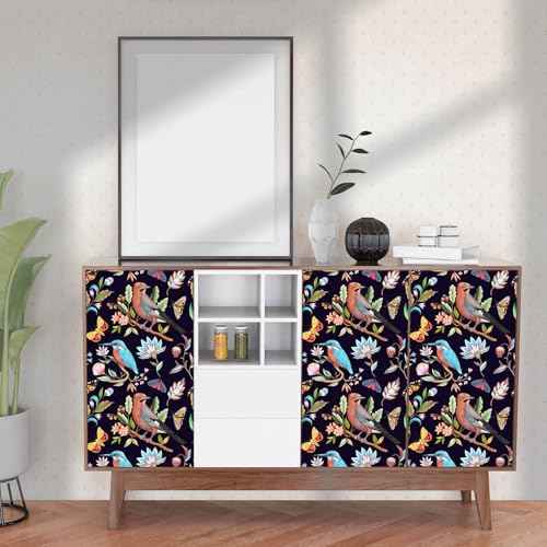 Vintage Black Floral Bird Peel and Stick Wallpaper Dark Botanical Design with Butterfly Removable Self Adhesive Vinyl Contact Paper for Cabinets Bathroom Wallpaper 17.7" x 70.8"