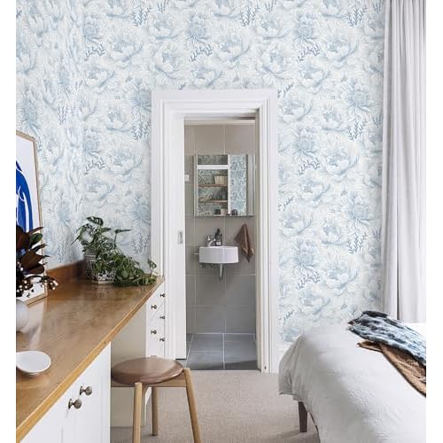 Guvana Peel and Stick Wallpaper Blue Floral Contact Paper Boho Wallpaper Modern Large Blue Flower Wall Paper for Bathroom Bedroom Living Room Accent Wall Removable Waterproof Vinyl Rolls 17.3in¡¿78.7in