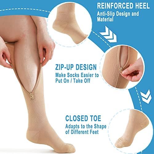 2 Pairs Medical Zipper Compression Socks 15-20mmHg for Women&Men, Knee High Compression Stockings