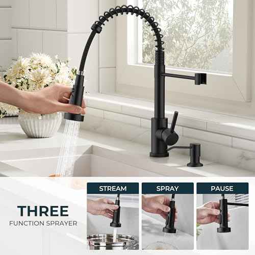 QFN Black Kitchen Faucet with Soap Dispenser, Stainless Steel Modern Spring Single Handle Commercial Kitchen Sink Faucet with Pull Down Sprayer Fit for 1 or 3 Hole for Farmhouse Rv Laundry Room
