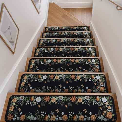 OJIA Floral Stair Treads Non-Slip Carpet Stair Treads for Wooden Steps Indoor 15PCS 30"x8" Stair Runner Stair Mats Staircase Step Treads for Kids, Elders and Dogs, Stair Covers, Black