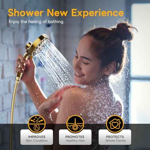 High Pressure 10 Ways Handheld Shower Head Brushed Gold- Anti-clog Nozzles, Built-in Power Wash to Clean Tub, Wall & Overhead Brackets,Magnetitc Rainfall Shower Wand,Built-in 2 Power Jet