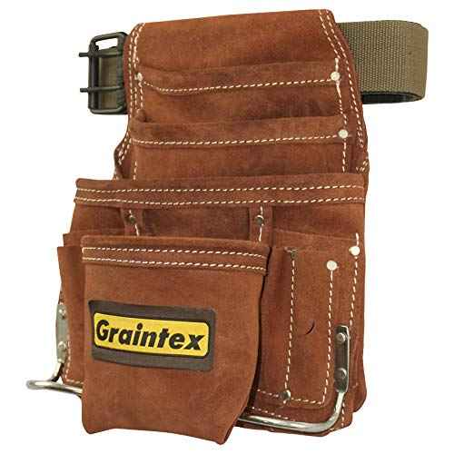 Graintex SS2976 10 Pocket Nail & Tool Pouch Brown Color Suede Leather with 2¡± Leather/Webbing Belt for Constructors, Electricians, Plumbers, Handymen