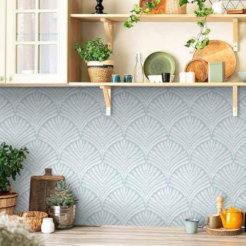 Ismoon Modern Peel and Stick Wallpaper Removable Geometric Wallpaper Boho Blue Contact Paper Leaf Self-Adhesive Decorative Wallpaper for Bedroom Bathroom Cabinets Decor Vinyl 16.1inx78.7in