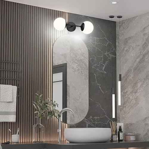 KoKo&Yukina Mid Century Modern Bathroom Matte Black Bathroom Vanity Light Fixtures Globe Sconce 2 Light Vanity Light Gold Vanity Light Mid Century Wall Sconce