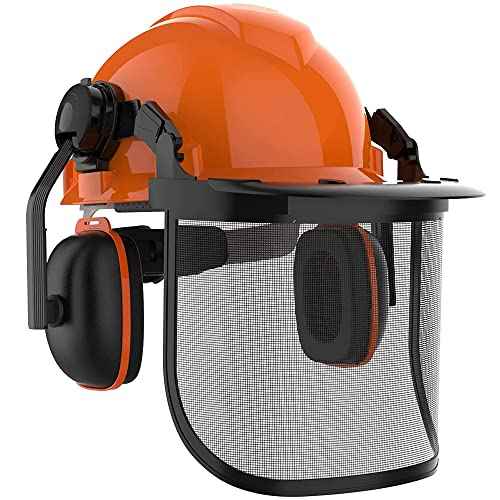 GardenPal Industrial Forestry Safety Helmet and Hearing Protection System, with Mesh Face Protection, Safety Helmet with Ear Muffs, Chainsaw Helmet, Chainsaw Face Shield, (Orange)