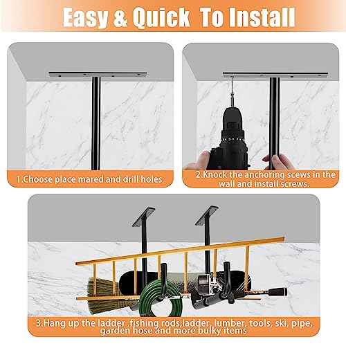 Sinoer Garage Storage Hooks Rack Ceiling,Wall Mounted Hooks, Heavy Duty Utility Hanger for Ladder,Hose Pipe,Wood, Tools & Other Bulky Items (2 Pack, Black)