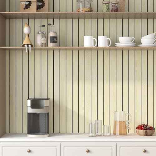 LACHEERY Herringbone Wood Slat Wall Panels for Interior Wall Decor Peel and Stick Fluted Wooden Panels for Living Room Bedroom Walls Beige Wood Slat Panel Roll Self Adhesive Foam PVC Slats 11.8"x79"