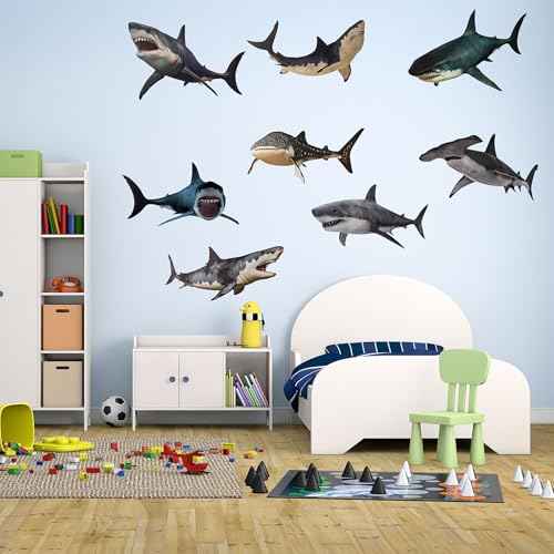 8 Pieces of Shark Wall Stickers for Marine Animals, Easy to Peel and Post, Suitable for Children's Bedrooms, Classrooms, and Parties