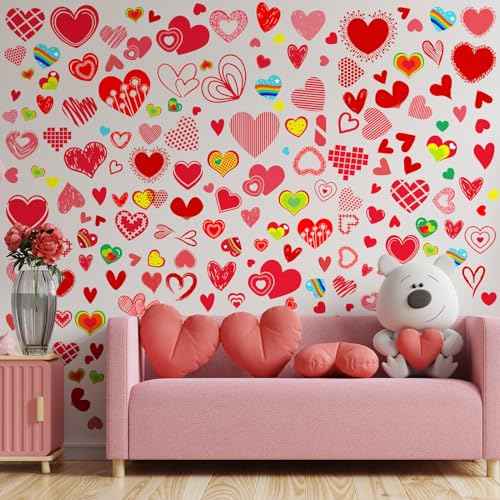 Capoda 196 Pcs Valentine's Day Wall Decals Removable Love Heart Wall Stickers Red Heart Window Stickers Wedding Anniversary Romantic Love Decoration Party Decor for Holiday Living Room Art Decor Home