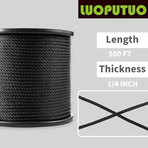 1/4 Inch 500FT Black Polyester Solid Braid Rope | High UV & Abrasion Resistance | Industrial Grade, Low Stretch | Multipurpose for Flag Poles, Clotheslines
