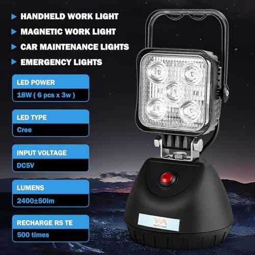 SMA 15W LED Work Light Base Strong Magnet Aluminum Alloy 2000LM IP65 Waterproof Dustproof Portable Handle Floodlight Suitable for Repair Shop Garage Construction Site (White Light)