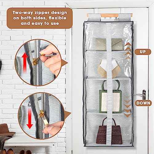 Silkfly 2 Pack Hanging Purse Organizer for Closet Clear Handbag Storage Hanger with Zipper Holder over The Door Wardrobe Tote Bag Storage Holder for Bedrooms Living Room(Gray)