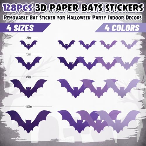 128Pcs Halloween 3D Bats Wall Stickers Gradient Purple Bats Waterproof Decals Halloween Wall Decorations with Glue Points for Home Window Party Supplies
