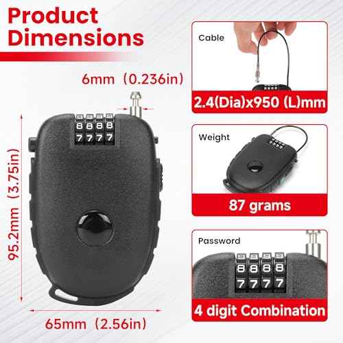 2 Pack 4-Digit Combination Lock with 27.5 Inch Quickly Retractable Steel Cables - Keyless Security for Bike, Helmet, Ski, Snowboard, Stroller, Luggage, Door, Gate, Fences, Backpack & More