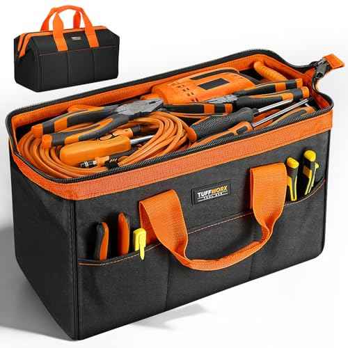 Wide Mouth Tool Bag, Heavy Duty Tool Bags for Men, 12-Pocket Portable Empty Tool Box Organizer Storage for Mechanic, Electrician, 17.3 inch, 600D Oxford, Orange