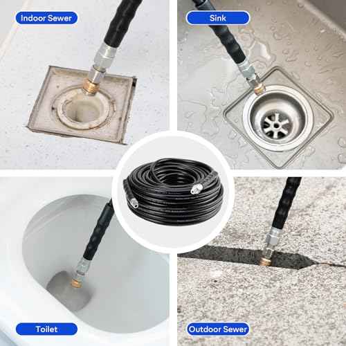 Sewer Jetter Kit 100FT for Pressure Washer, Pressure Washer Drain Jetter with 5800PSI Cleaner Hose 1/4 Inch NPT, Corner, Rotating & Button Nose Sewer Jetting Nozzle Spanner Waterproof Tape Pearl Pin