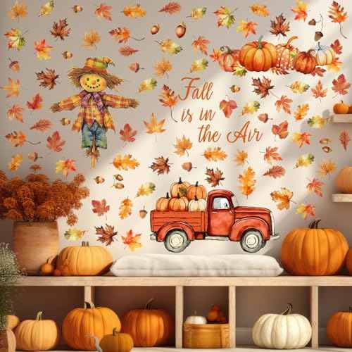 125 Pcs / 6 Sheet Thanksgiving Wall Decals Watercolor Truck Pumpkin Maple Leaves Scarecrow Wall Decals for Fall Thanksgiving Day Home Autumn Harvest Party Living School Office Party