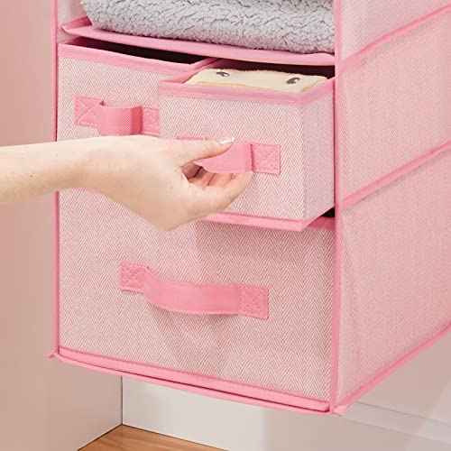 mDesign Fabric Hanging Organizer - Over Closet Rod Storage with 7 Shelves and 3 Removable Drawers for Baby Nursery or Bedroom Organization - Holds Clothes, Linens, Toys, Accessories - Pink Herringbone