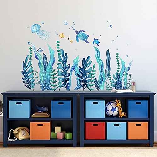 Tenare 5 Sheets Ocean Sea Turtle Wall Decals Stickers Under The Sea Stickers Grass Jellyfish Fish Removable Vinyl Decal for Bedroom Bathroom Nursery Room Wall Decor(Classic Style)
