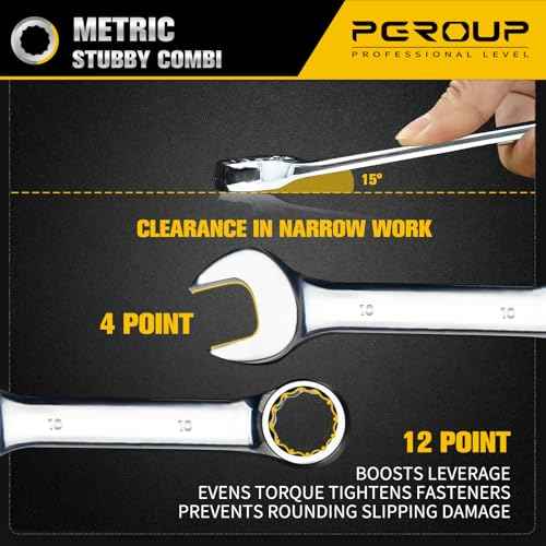 10 mm Metric Stubby Combination Wrench, CR-V Steel with Mirror Polish, 12-Point Design, 15-Degree Offset, Perfect for Auto Repair, Household, Car & Truck Emergency