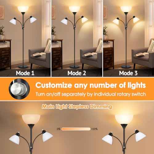 Floor Lamp for Living Room,72" Dimmable Torchiere Lamp with 2 Reading Lights for Bedroom, Black Tall Standing Room Lamp, 3 Bulbs Included