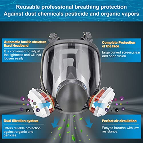 Reusable Respirator full Face Gas Cover, Organic Vapor Mask and Anti-fog, for Painting, mechanical polishing, logging, welding, Against Dust, Staining, Sanding & Cutting